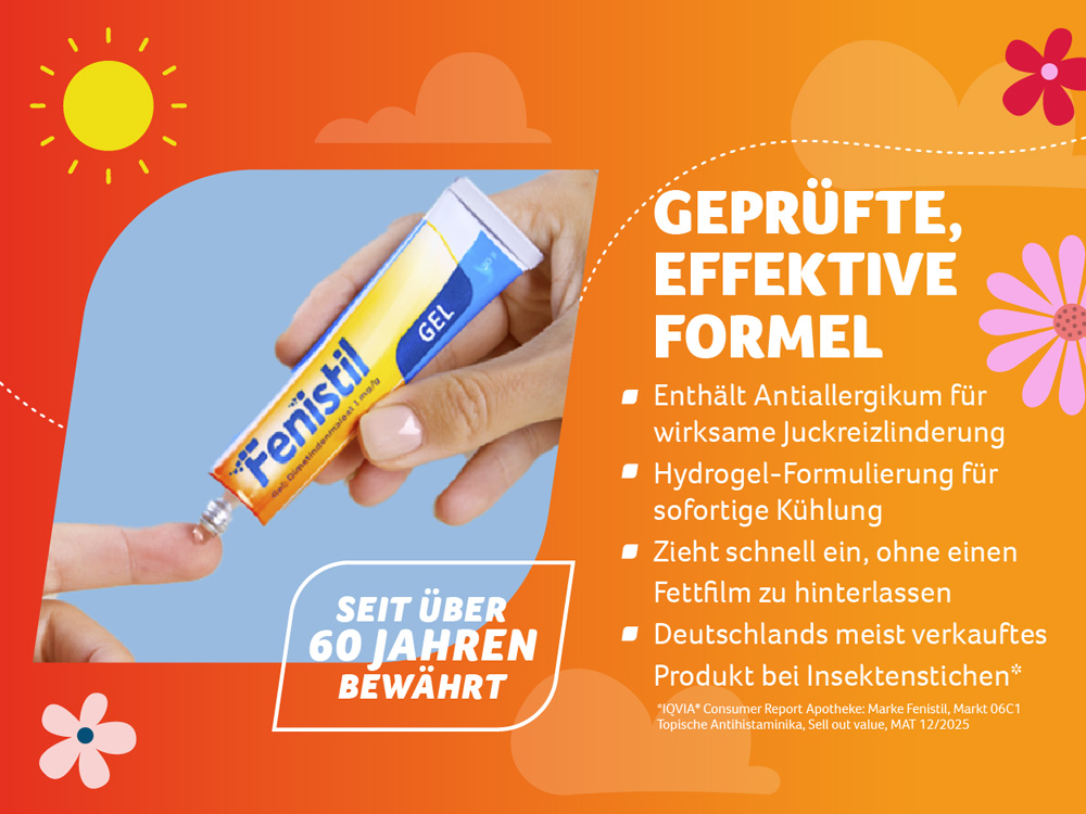 Grafik mit Insekt und Fenistil Gel. Text: Juckt's? Ohne Alkohol, Duftstoffe und Farbstoffe.